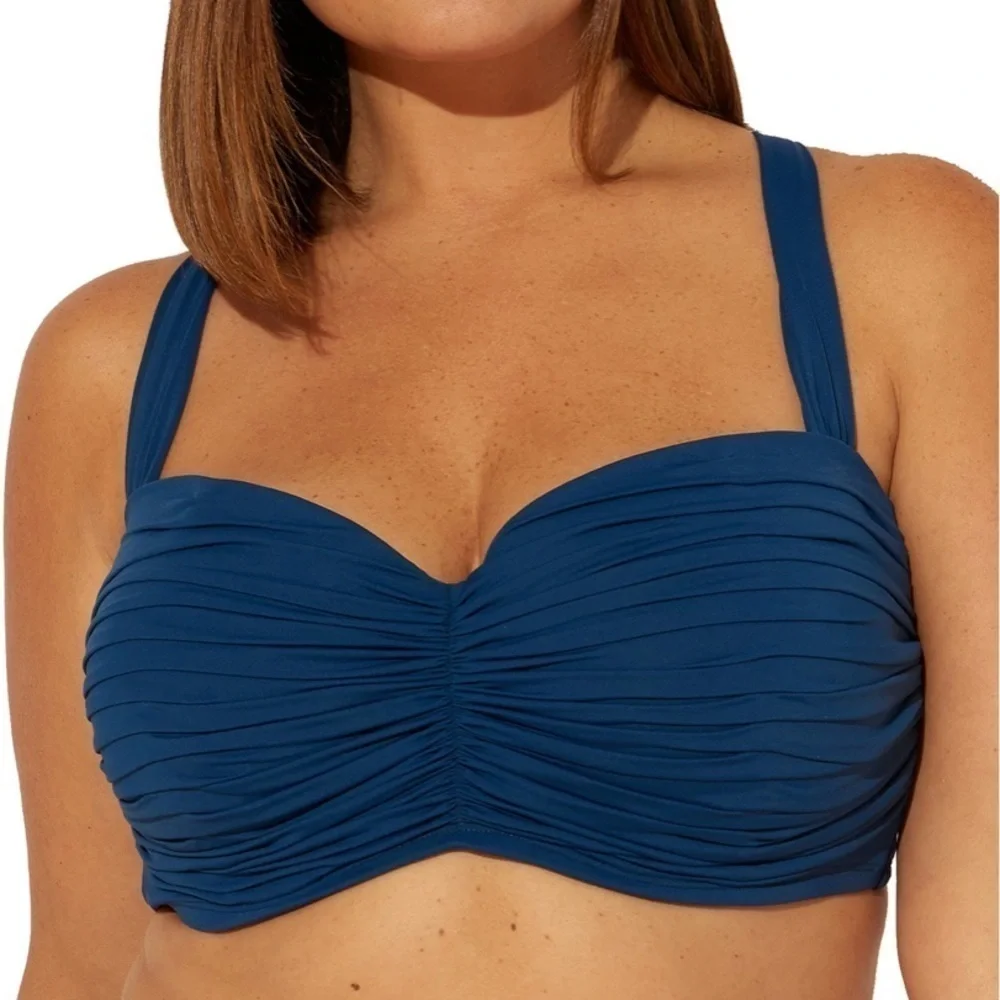 NWT Bleu Rod Beattie Shirred Adjustable Halter Bikini Top In Navy Blue